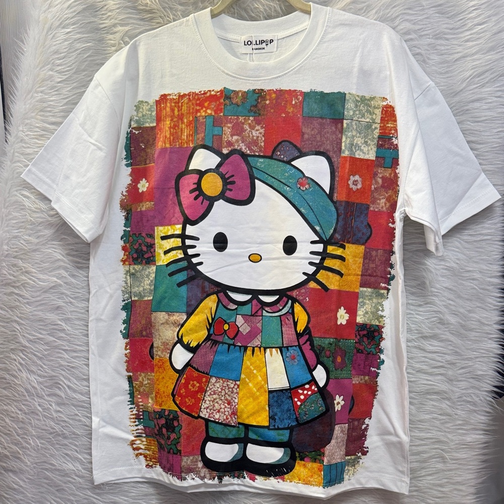 Lolli White Hello Kitty Patchwork Graphic Tee with Multicolor Print